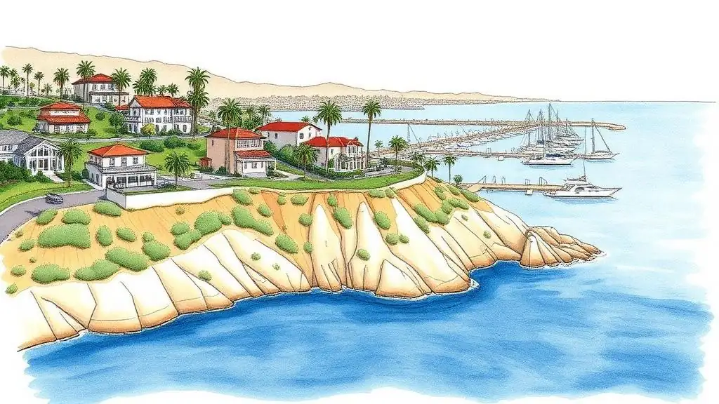 Dana Point harbor-adjacent coastal residential context where bluff-top homes overlook the marina and Pacific.
