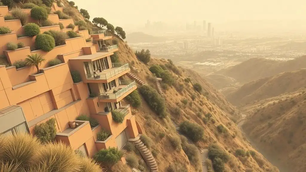 Steep Hollywood Hills residential streets where cantilevered custom homes commonly require structure, staging, and drainage planning.