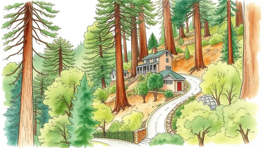 Mill Valley wooded hillside residential context where redwoods, slope, fire access, and tree protection commonly shape custom homes.