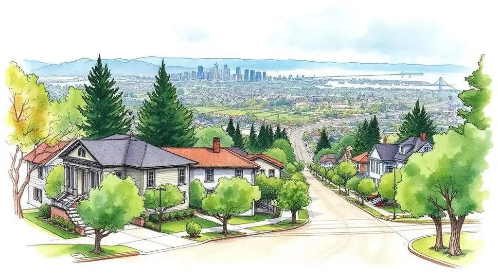 Piedmont East Bay residential context where stately traditional homes sit on tree-lined streets with bay views.