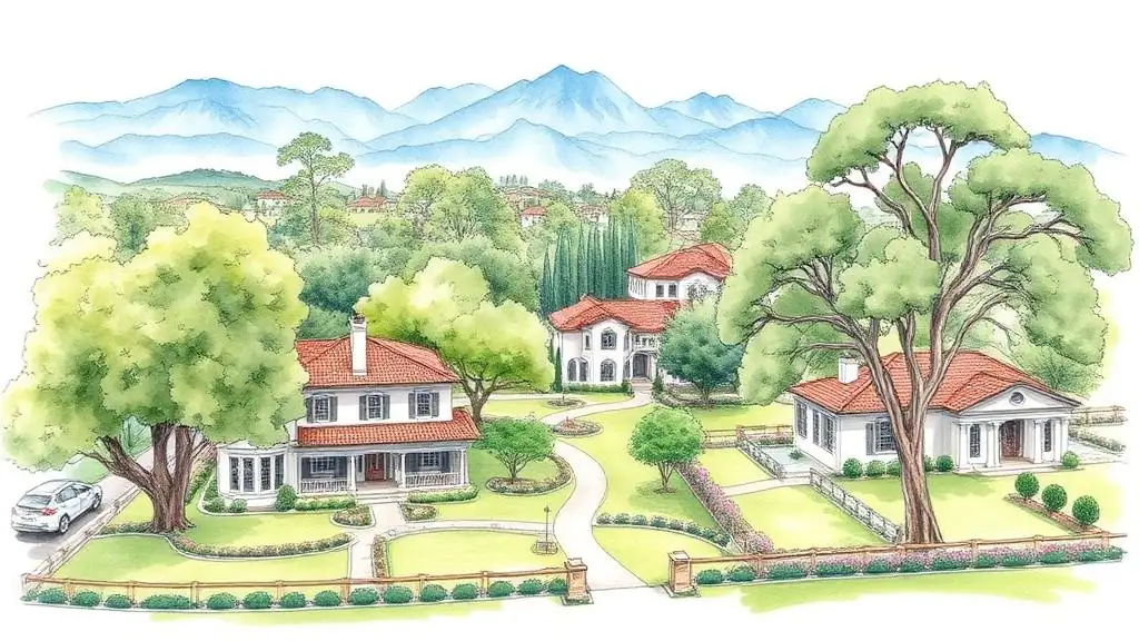 San Marino estate residential context where formal traditional homes sit on deep lots with mature trees and manicured grounds.