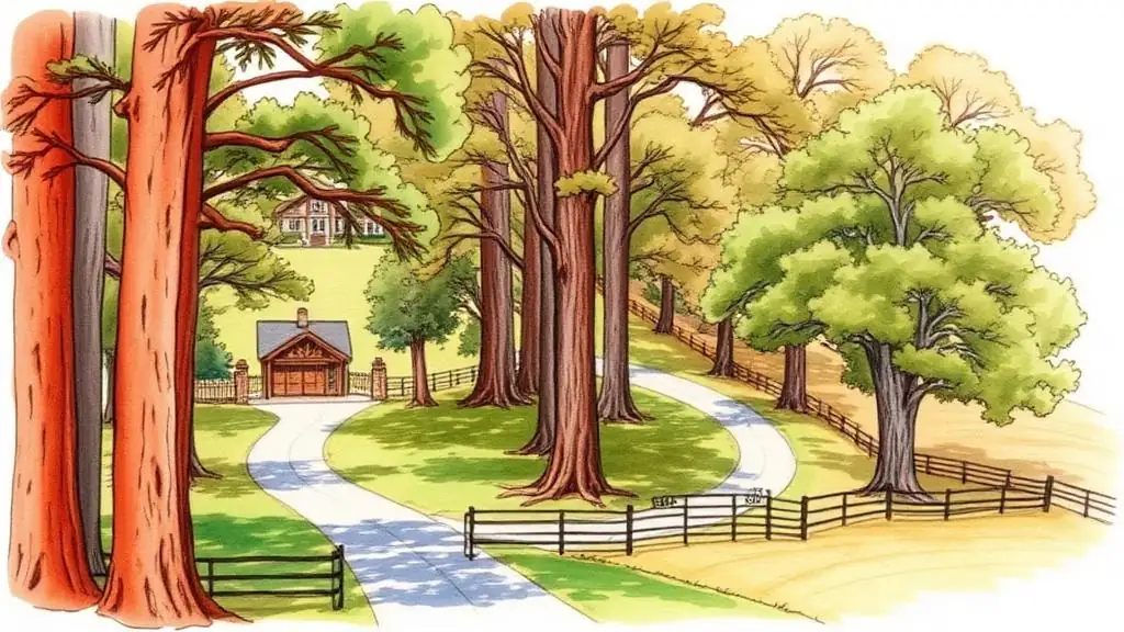 Woodside rural estate residential context where redwoods and oak woodland shape the design of large lot custom homes.